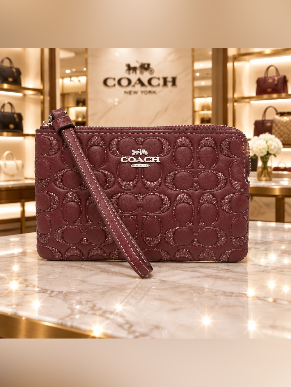 🍒COACH Corner Zip Wristlet WINE EMBOSSED GLITTER Signature Leather🍒